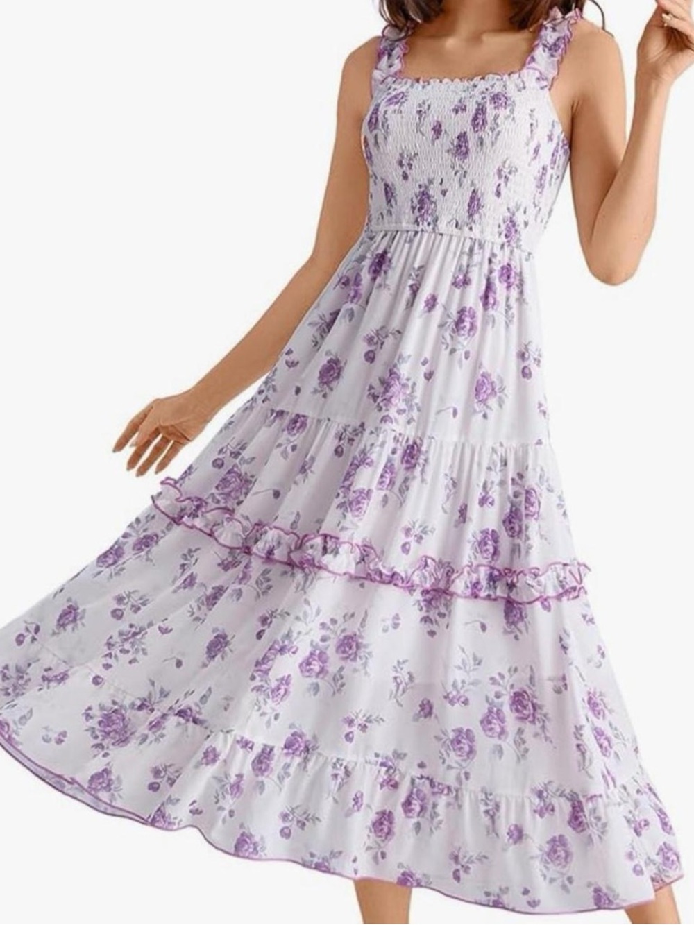 Floral Smocked Bodice Midi Dress in Lavender